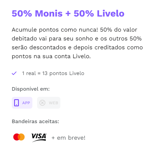 Plano 50% Monis + 50% Livelo